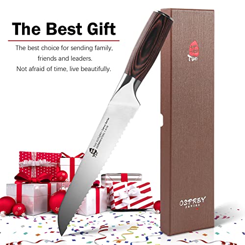 Tuo Serrated Bread Knife 8 Inch - Professional Bread Cutter Cake Carving Slicer Knife - German Hc Stainless Steel Ultra Sharp Wavy Edge- Ergonomic Pakkawood Handle With Gift Box - Osprey Series #TOP5