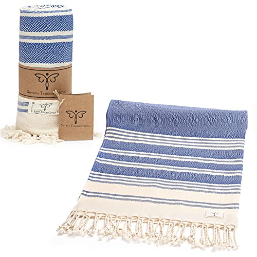 Smyrna Mediterranean Series Serviette de plage turque originale | 100 % coton, prélavée, 94 x 180 cm | Serviette de bain turque et peshtemal pour spa, plage, piscine, salle de bain (Azure) Cover
