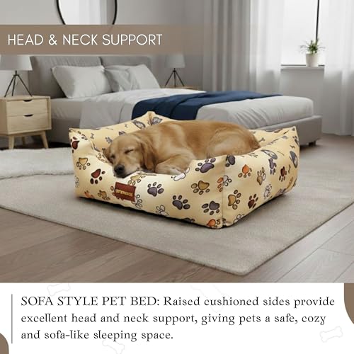 Image of SITSNOOZE Small Dog Bed (Up to 5kg) for Shih Tzu, Pomeranian, Chihuahua Puppies - Soft Washable Bed, Orthopedic Cushion, Indoor Waterproof Anti-Slip Pet Mattress (White & Brown Printed, S)