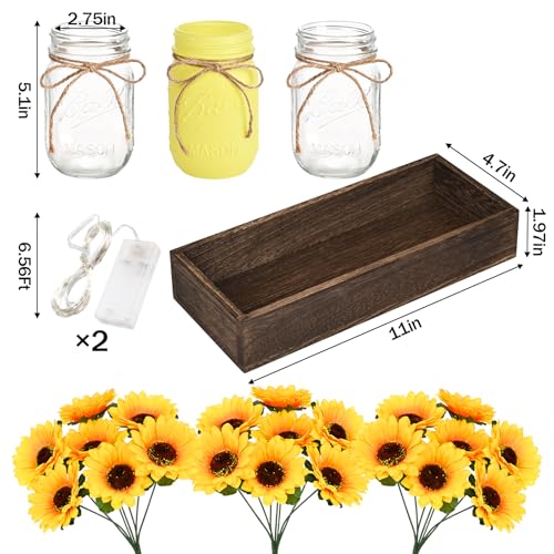 BLEUM CADE Centerpiece Table Decorations - 3Pcs Sunflowers Artificial Flowers in Mason Jars with Wood Tray for Dining Table Coffee Table Farmhouse Room Decor