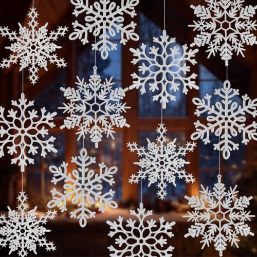 12pcs Large Silver Snowflakes Ornaments 12” Big Plastic Glitter Snowflake for Winter Indoor Outdoor Christmas Tree Window Room Decorations Giant Craft Snowflakes