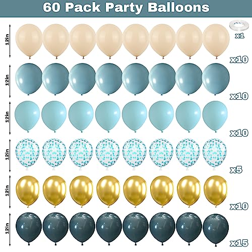 Image of 60 Pack Dusty Blue Gold Balloons, Slate Blue White Sand Teal Turquoise Crem Beige Latex Balloon Set Confetti Helium Balloon for Birthday Boho Baby Boy Shower Wedding Party Decorations