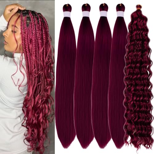 Burgundy Boho Braiding Hair Pre stretched Color 900 Curly Braiding Hair for Boho Braids Prestretched Knotless Hair for Bohemian Braids