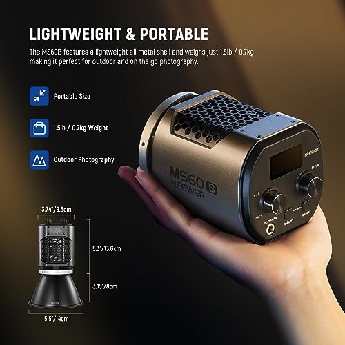 Image of NEEWER MS60B 65W COB LED Video Light with Battery Kit, 2.4G /APP Control, 2 x 7800mAh NP-F970 Battery, Fast Charge, 2700K-6500K, PWM Dimming, 40000lux /1m, CRI97+ /TLCI98+, 12 Scenes,