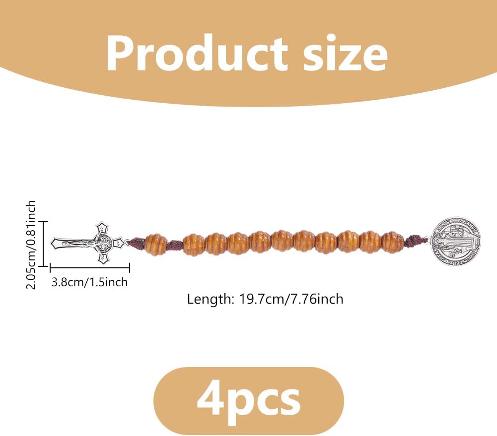 DICOSMETIC 4Pcs Saint Benedict Medal Pocket Rosary Open Style One Decade Rosary Wood Beads with Medal and Crucifix Catholic Christian Religious Gift for Men Women, 19.7cm - Image 2