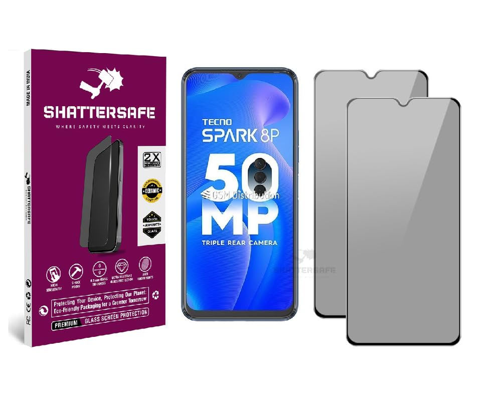 Image of Anti-Spy Privacy Tempered Glass Compatible For Tecno Spark 8P [Pack of 2]. 9H Hardness, Anti-Scratch, Edge-to-Edge Protection With Easy Installation Kit & Case Friendly Fit.