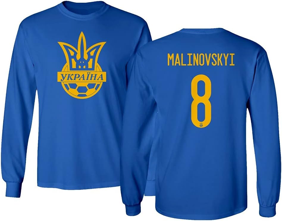 Flaura European Soccer 2020 Ukraine #8 Ruslan MALINOVSKYI Jersey Unisex Long Sleeve Tshirt