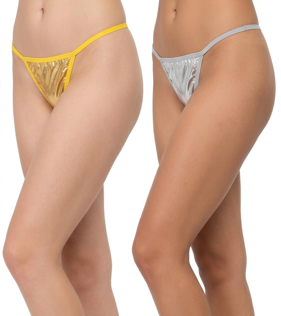 Women's Metallic G-String Thong | Sexy Shiny Wet Look Micro Panty | Low Rise Stretchable Bikini Underwear T-Back (Pack of 2, Gold/Silver) Free Size-image-20
