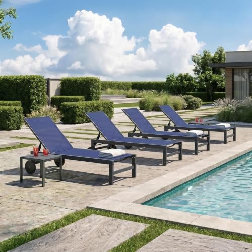 Image of PURPLE LEAF Patio Chaise Lounge with Wheels, Fade-Resistant, Navy