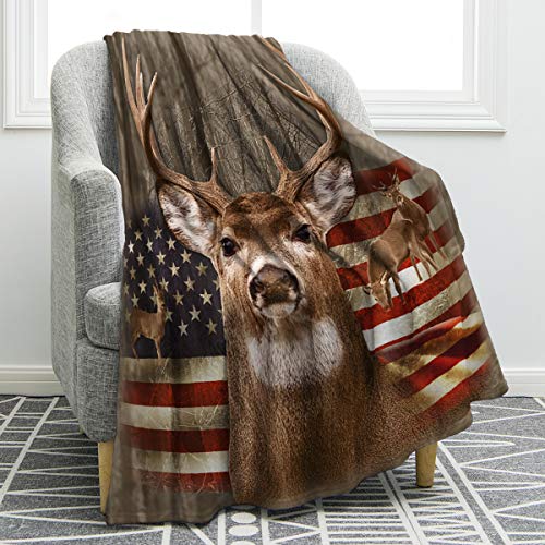 Jekeno American Flag Deer Blanket Gifts for Men, USA Flag Throw Blankets Hunting Gifts for Men Adult Kids Boys, Independence Day Deer Forest Decor for Home Bed Couch