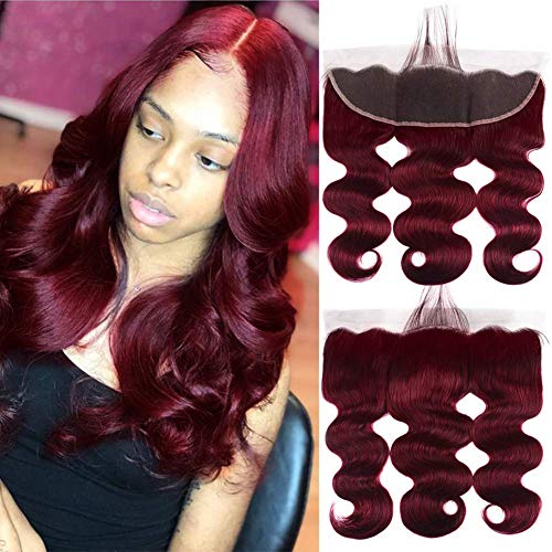 Aigemei Lace Frontal Body Wave Weave 13x4 Free Part with Baby Hair Peruvian Virgin Human Hair Frontal Ear To Ear Burgundy Color #99j 10inch