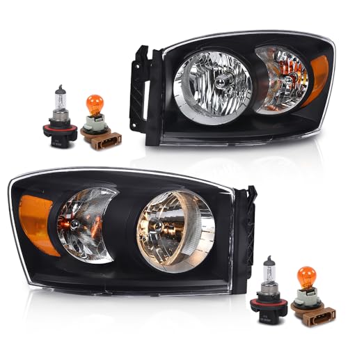 Image of GRAND ORANGE Headlights Assembly with Bulbs Compatible with Dodge Ram 1500 Truck 2006-2008 /Fits Dodge Ram 2500 3500 Truck 2006-2009 Left and Right Side Clear Lens Black Housing Amber Reflector