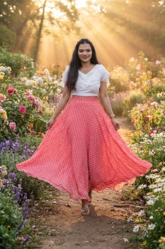 Image of Women's Lycra Top with Georgette Skirt | Polka Dot Print Long Flared Maxi | Full Length Flowy Skirt for Women | Stylish Casual Wear