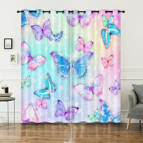 AILONEN Girls Butterfly Window Curtains,Fantasy Rainbow Butterfly Curtains for Girls Bedroom Living Room,Colorful Gradient Window Drapes 2 Panel Set, 42
