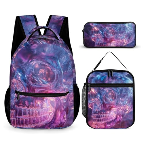 Glass Skull Head Backpack Shoulder Bags Lunch Bag Pencil Case Box 3 Set Daypack Cute