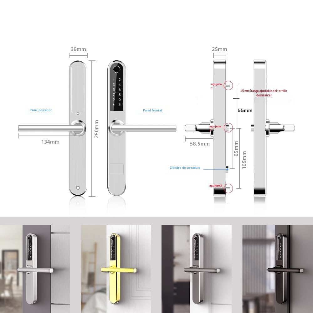 Ruveno Cerradura de puerta inteligente delgada con huella dactilar Bluetooth con pantalla táctil, teclado con huella dactilar Llaves de tarjeta de desbloqueo para puerta batiente de aluminio(plata)