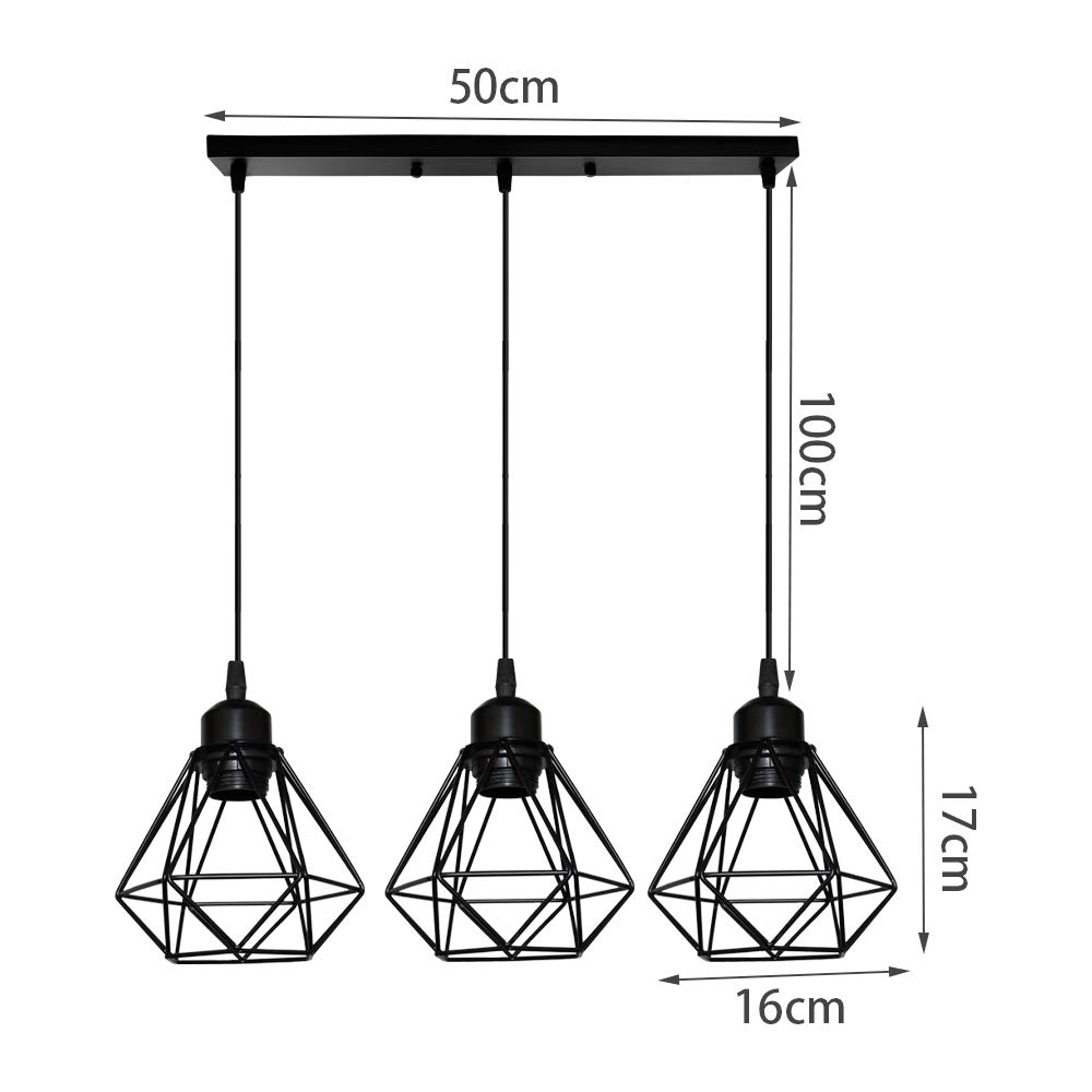 Lampara Colgante E27 Vintage Industrial Lámpara de Techo Colgante Negro Retro 3 Luces Iluminación Para Cocina Comedor Sala de estar (16cm-con barra)