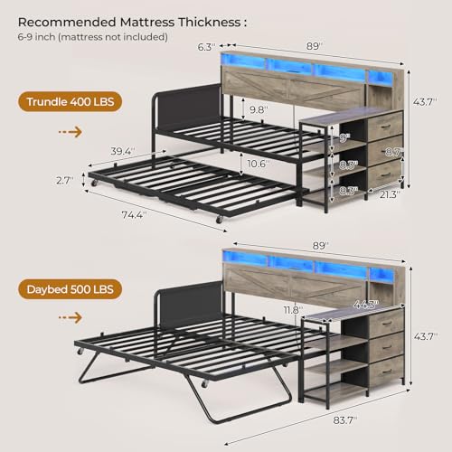 Image of MSmask Daybed with Trundle, Day Bed with 3 Storage Drawers and Headboard, Farmhouse Wooden Twin to King Daybed Frame with Charging Station and LED Lights for Bedroom, Grey