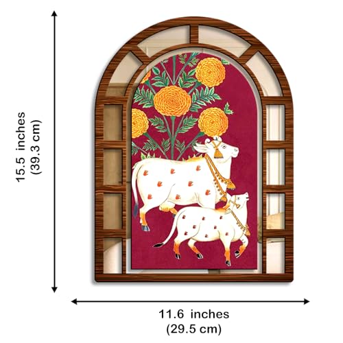 Image of Sehaz Artworks Cow Mirror Jharokha Wall Decor for Living Room - 40x30 CM