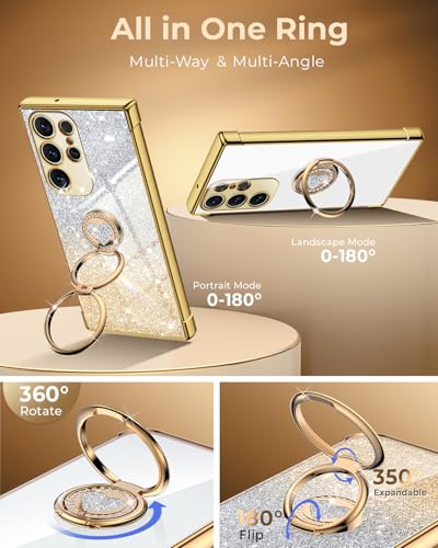 Image of XYZ for Samsung Galaxy S24 Ultra Case with Stand, Galaxy S24 Ultra Case with Double Ring, Women Girls Bling Luxury Glitter Clear Phone Case Cover Heart for Samsung Galaxy S24 Ultra, Gold