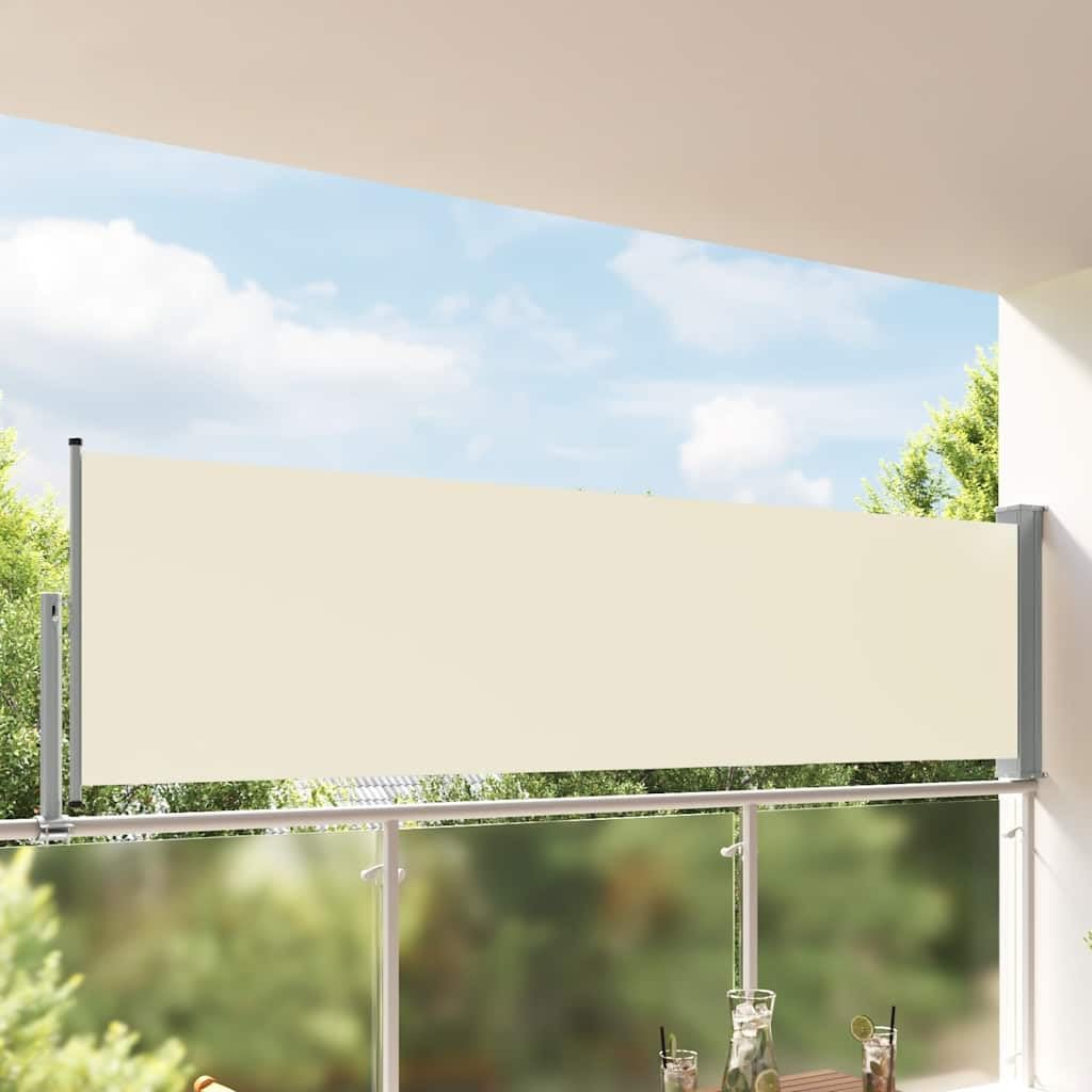 Retractable Side Awning in Cream and Grey, 39.4 x 118.1 Inches, Polyester Fabric with Powder-Coated Iron Frame for UV Protection and Weather Resistance, Adjustable Shade