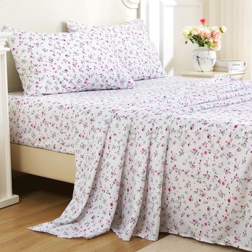 Image of MUXHOMO Full Size 4 Piece Sheet Set, Soft & Breathable Sheet Set for Bedroom with Deep Pocket Up to 16 inch, Wrinkle-Free & Cooling Bed Sheet with Flat Sheet, Fitted Sheet & Pillowcases - Purple Sprig