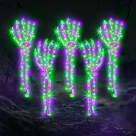 GGOYING Halloween Decorations, Solar Lighted Skeleton Hands Stakes 5pcs, Skeleton Arms Lights Halloween Outdoor Decor, Purple & Green LED Lights with 8 Lighting Modes Cover