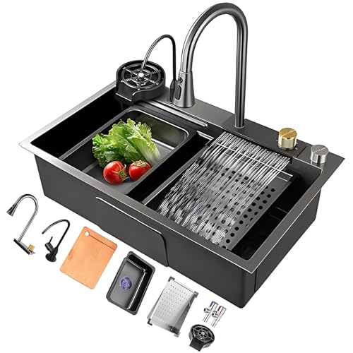 Black Stainless Steel Kitchen Sink with Sliding Workstation Single Bowl Design Pull-Down Faucet Glass Rinsing Basket & Accessories (75x45x2 cm) - Modern Cascade Style