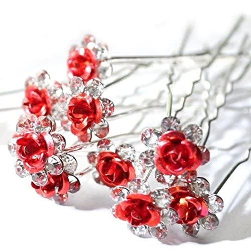 Accessoires cheveux coiffure mariage 1 lot de 5 épingles à chignon fleurs à strass rouges