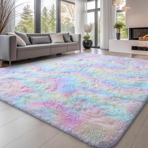 Rugs Living Room 120x160cm, Area Rugs for Bedroom, Machine Washable Anti Slip Soft Fluffy Shaggy Tie-dye Floor Carpet for Kids Girls and Boys, Nursery Room, Rainbow