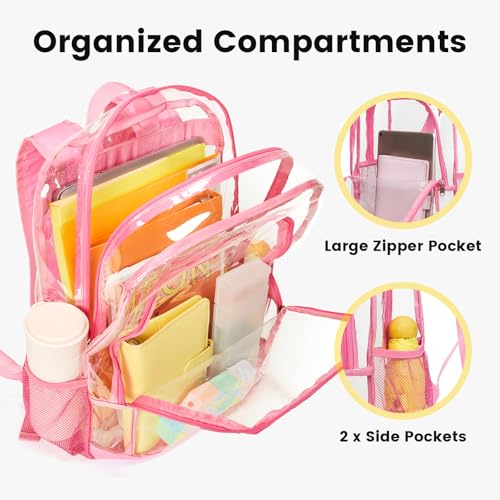 Image of Vorspack Clear Backpack for School, 16 inch Large Clear Bookbag - Pink | See Through Transparent Backpack for Girls Boys, 17L Large Capacity, PVC Materials, Padded Straps, Ideal for College, Work