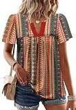 Boho Tops for Women 2026 Spring Summer Outfits Flowy Blouses Dressy Casual V Neck T Shirts Babydoll Short Sleeve Tops Western Beach Vacation Clothes Ethnic Floral L