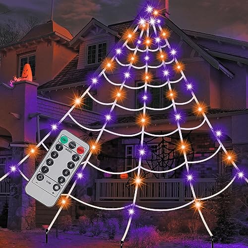 Joliyoou 200 LED Giant Spider Web Lights, 19.7ft x 16.4ft Halloween Spiderweb with Orange and Purple Lights, 8 Modes Remote Controlled Cobweb for Indoor Outdoor Spooky Party Decoration