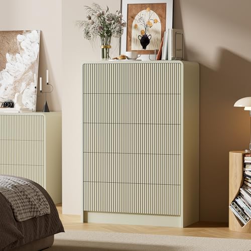 Image of Furniway Bedroom Dresser Set 3 Piece, 5 Drawer Curved Dresser with 2 Nightstands, Modern Fluted Wood Storage Cabinet, White Chest of Drawers with Pop-Up Design, Beige