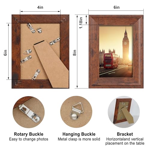 Image of iRahmen 4x6 Picture Frame Set of 4, Brown Rustic Retro Photo Frame with Real Glass, Wood Farmhouse Style 4 x 6 Frames for Wall Mount and Tabletop Display