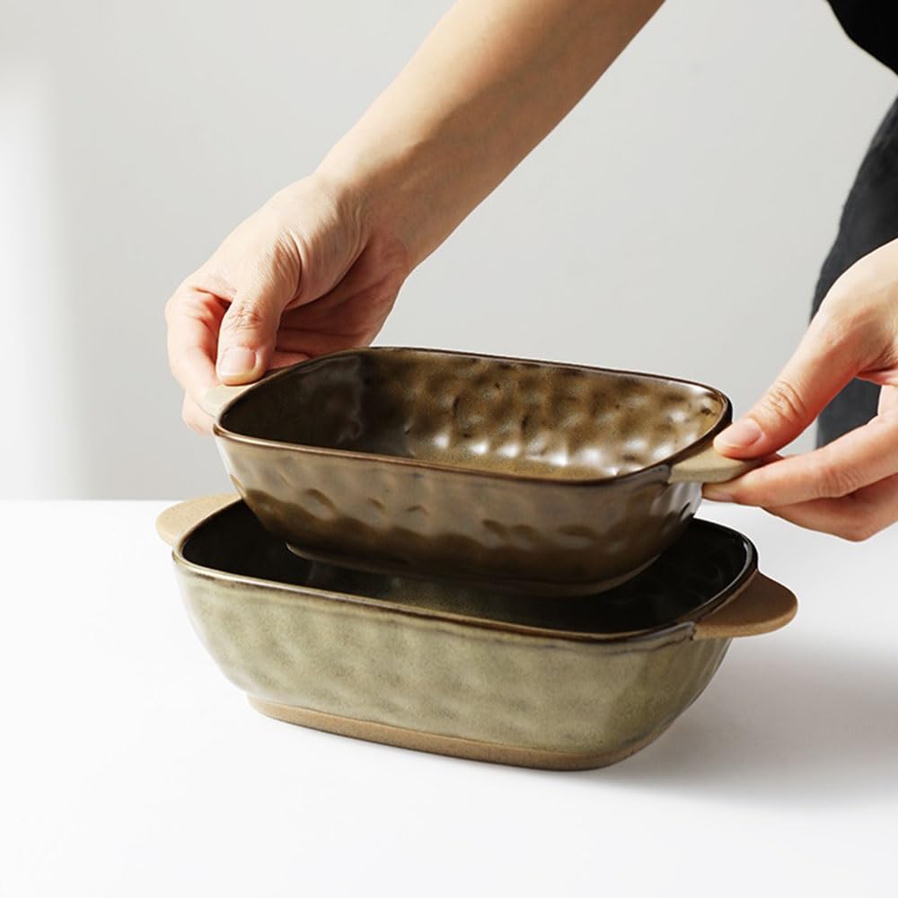 Naczynie do pieczenia Forma do pieczenia z podwójnym uchwytem, ​​wzór kamienia, vintage, chropowata, ceramiczna, kwadratowa, głęboka miska gotowania na parze Zapiekanka(Biały,Mały)