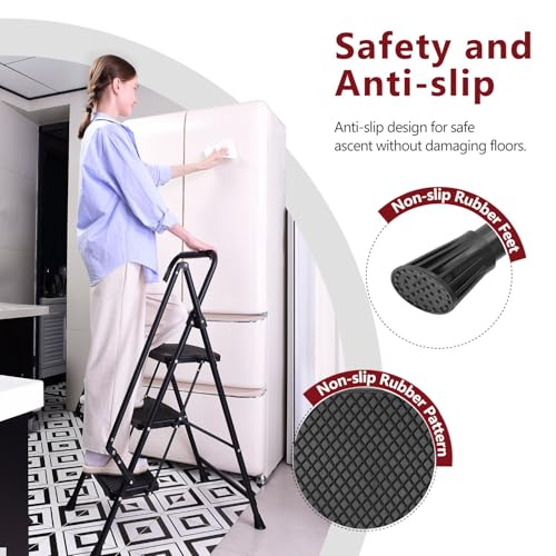 Image of 5 Step Ladder, Folding 5 Step Stool with Handrails, Sturdy Steel Ladder with Wide Pedal, Ladders for Home Kitchen Pantry Office, Lightweight Sturdy Steel Ladder for Adults Portable,Black
