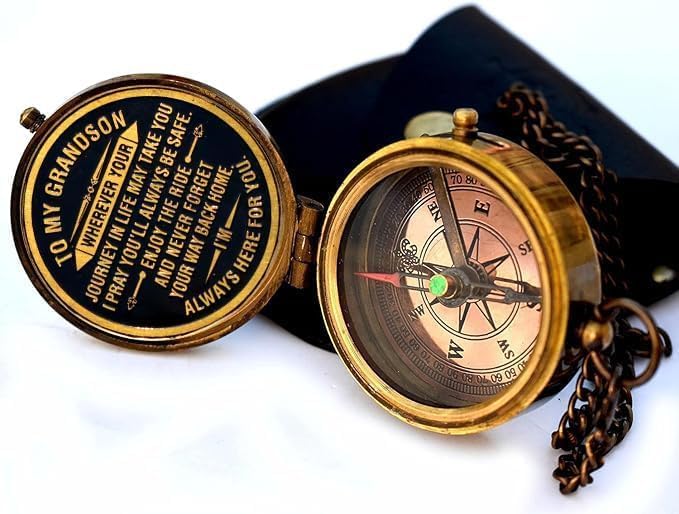 Handcrafted Brass Compass for Grandson   Engraved Inspirational Quote Keepsake Gift for Birthday, Graduation or Special Occasion