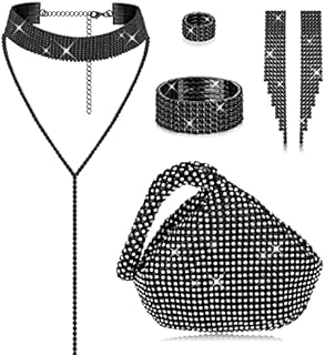 Kakonia 6 Pieces Women Crystal Jewelry Set Rhinestone Choker Necklace Stretch Bangle Bracelet Ring Dangle Fringe Earrings Triangle Glitter Bling Purse for Bridal Wedding Party