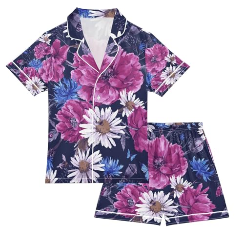 senya Wildflower Daisy Blue Butterflies Satin Summer Pajama Sets Silk Short Sleeve Button Down Sleepwear