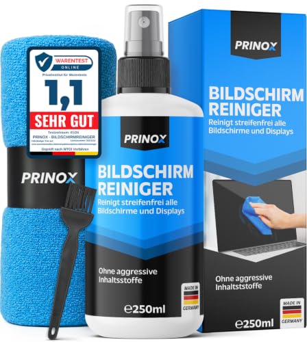 PRINOX Bildschirmreiniger XXL Set [inkl. Mikrofasertuch und Pinsel] - Display Reiniger für Handy Laptop und TV Displays (LCD LED OLED QLED TFT) gegen Fettflecken und Fingerabdrücke