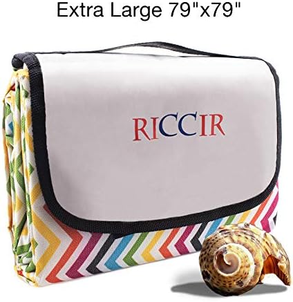 Large Waterproof Picnic Blanket – 79” x 79” Striped Beach Handy Mat with Strap with Water Resistant Backing – Dual Layer Large Outdoor Family Blanket Tote Best for Beach, Camping on Grass, Picnics