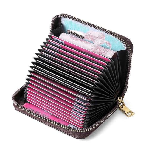 Brown and Khaki Checkerboard RFID Blocking Credit Card Holder Brown Checkered men's and women's small zipper card sleeves (18 card slots+2)2