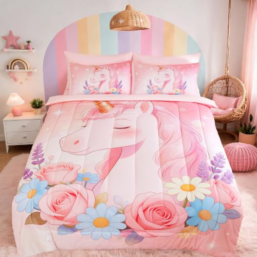Image of Twin Bedding Set for Girls 5 Piece Pink Unicorn Comforter Set for Girls Super Soft Microfiber Bed Set Bed in a Bag with Comforter Sheets Pillowcase & Sham (5 Piece Twin Size)
