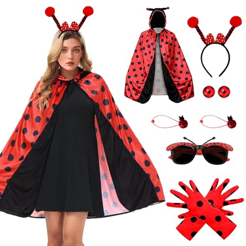 MEISHANG Marienkäfer Kostüm Damen,Ladybug Kostüm Zubehör mit Gläser Kartenausgabe Handschuhe,Karneval Marienkäfer Cape mit...