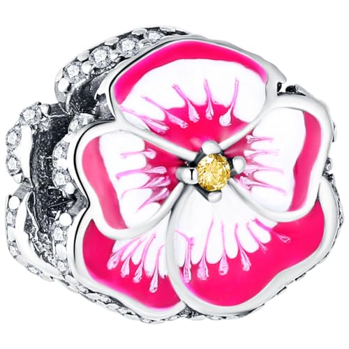 WINRARO Abalorio de flor de pensamiento rosa para pulseras, colgante de cuentas de plata de ley 925, regalo de joyería para mujeres, niñas, mamás y familias