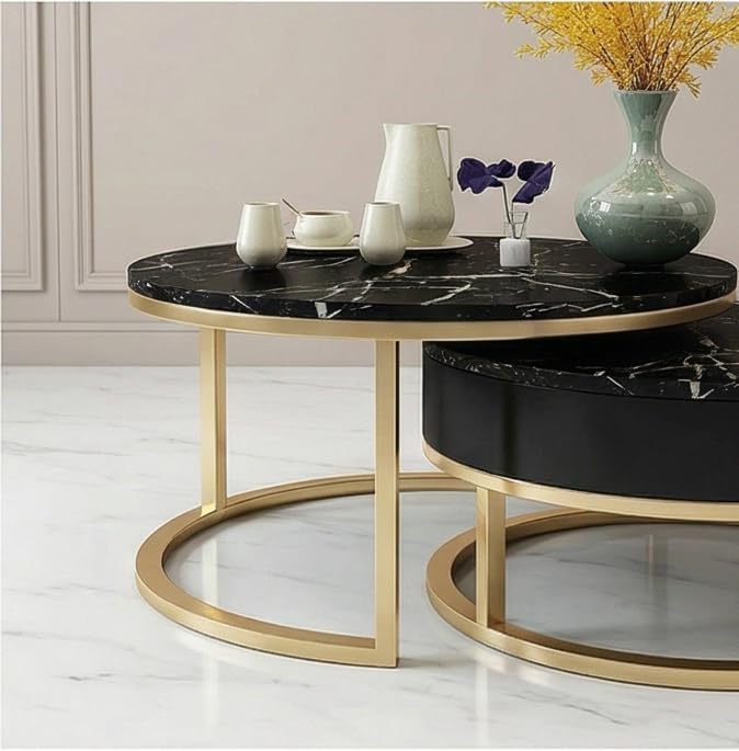 Image of Furniture Cafe Luxury Round Coffee Table with Marble White Finish Top & Gold Metal Frame | Modern Center Table for Living Room | Elegant Sofa Centre Table (Gold Finish)