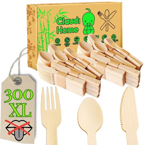 XL 300‑teiliges Bambus Besteckset | Gabel 16cm-Messer 16cm-Löffel 14cm| Kein Holz Geshmack| Umweltfreundlich, kompostierbar, wiederverwendbar | 100 Gäste | Picknick, Grill, Party, Camping @Claudi Home