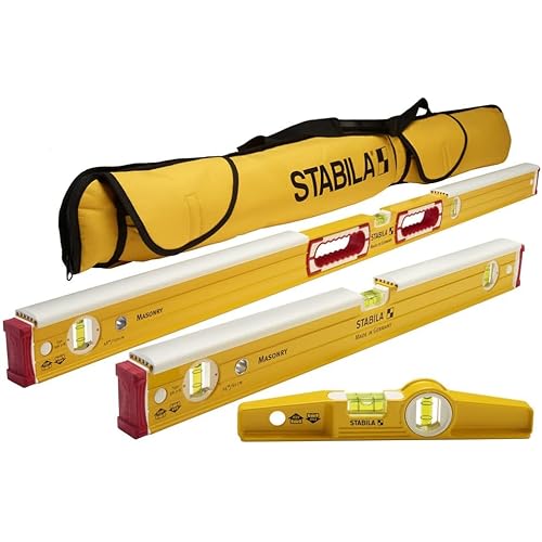 Stabila 48296 Mason kit includes 36448 - 48-Inch Mason Level with dead-blow shield, 36424 Mason Level with dead-blow shield, 25100 die cast torpedo and 30015 carry case Yellow