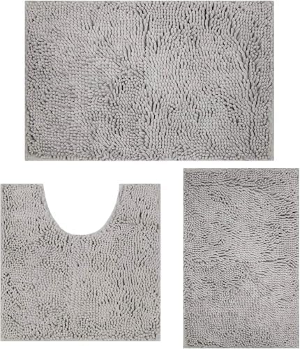 COMPOLICY Badematte Set 3 teilig Light Grey, rutschfeste Chenille Badteppiche, Waschbar & Minimalistisch Badvorleger Set mit U-förmigem WC-Teppich, für Skandinavisch Badezimmer